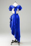 Peacock V-Neck Satin Sheath Wedding Guest Dress with Ruffles