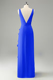 Dusty Blue Deep V Neck Ruffled Wedding Guest Dress with Slit