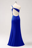 Dusty Blue One Shoulder Mermaid Satin Long Bridesmaid Dress