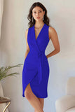 Bodycon Sky Blue Satin V Neck Midi Work Dress with Sash