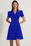 Navy Peak Lapel Double Breasted Satin Short Sleeves Work Dress