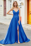 Royal Blue A Line Spaghetti Straps Long Backless Formal Dress with Appliques