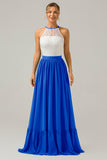 Halter Rust Chiffon Keyhole Boho Long Bridesmaid Dress with Lace