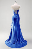 Sparkly Grey Blue Mermaid Strapless Ruffle Corset Satin Long Formal Dress with Slit