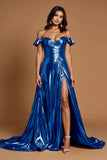 Golden Metallic Ruffled A Line Long Formal Dress with Slit