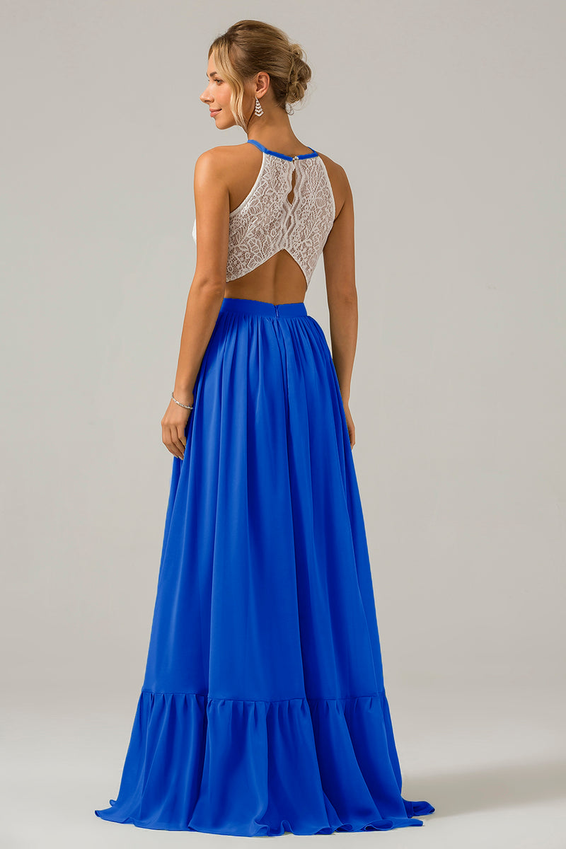 Load image into Gallery viewer, Halter Rust Chiffon Keyhole Boho Long Bridesmaid Dress with Lace