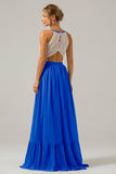 Halter Rust Chiffon Keyhole Boho Long Bridesmaid Dress with Lace