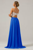 Open Back Peacock A-line Chiffon Long Boho Bridesmaid Dress with Lace