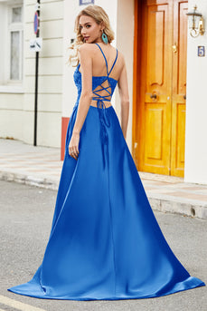 Royal Blue A Line Spaghetti Straps Long Backless Prom Dress with Appliques