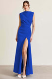 Burgundy Satin Boat Neck Long Sheath Formal Dress with Slit