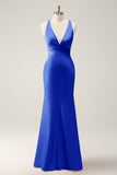 Terracotta Mermaid V Neck Satin Long Bridesmaid Dress