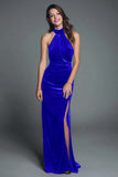 Halter Burgundy Velvet Sheath Ruched Formal Dress with Slit