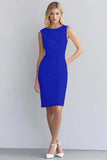 Ivory Satin Bodycon Round Neck Ruched Midi Work Dress