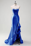 Sparkly Grey Blue Mermaid Strapless Ruffle Corset Satin Long Formal Dress with Slit