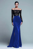 Off The Shoulder Mermaid Lace Velvet Black Formal Dress With Slit