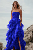 Fuchsia Organza Strapless Long Ball Gown Formal Dress with Ruffles
