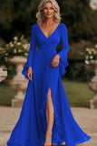 Dark Grey Mermaid Wrap Long Sleeves Ruffled Chiffon Long Mother of the Bride Dress