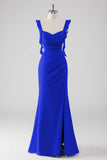 Sage Green Ruffled Sheath Lace-Up Back Long Bridesmaid Dress with Slit