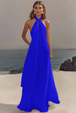 White Chiffon Sheath Halter Long Boho Formal Dress