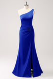 Dusty Blue One Shoulder Mermaid Satin Long Bridesmaid Dress