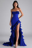 Black Mermaid Strapless Ruffled Formal Dress With Slit