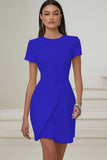 Lilac Satin Pleated A Line Short Work Dress with Short Sleeves