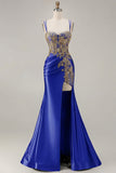 Sparkly Dark Green Satin Mermaid Beaded Sequin Long Formal Dress with Slit