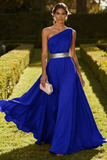 One Shoulder Olive A Line Chiffon Maxi Dress
