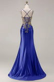Sparkly Dark Green Satin Mermaid Beaded Sequin Long Formal Dress with Slit