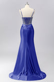 Sparkly Grey Blue Corset Mermaid Satin Long Formal Dress with Sequins