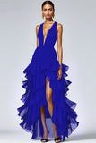 Black Ruffled V Neck Long Formal Dress with Slit