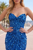 Sparkly Fuchsia Strapless Tight Short Sequins Corset Homecoming Dress with Beading