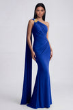 Olive Mermaid One Shoulder Long Formal Dress with Side Cape