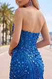 Sparkly Fuchsia Strapless Tight Short Sequins Corset Homecoming Dress with Beading