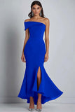 Navy Crepe One Shoulder Sheath Formal Dress with Slit