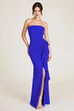 Red Satin Strapless Mermaid Ruched Long Formal Dress With Slit
