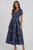 Blue White Flower Printed A-Line Short Sleeves Maxi Wedding Guest Dress