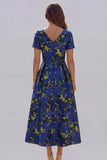 Blue White Flower Printed A-Line Short Sleeves Maxi Wedding Guest Dress