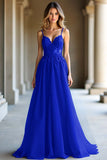 A Line Dark Blue Spaghetti Straps Sweetheart Long Formal Dress