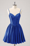 Royal Blue A-Line Spaghetti Straps Corset Pleated Cocktail Dress