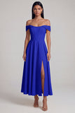 A-Line Off the Shoulder Yellow Corset Maxi Wedding Guest Dress with Slit