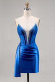Sparkly Navy Satin Beaded Corset Short Cocktail Dress with Sash