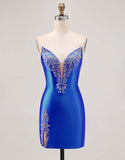 Sparkly Fuchsia Strapless Beaded Bodycon Short Cocktail Dress with Slit