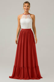 Halter Rust Chiffon Keyhole Boho Long Bridesmaid Dress with Lace