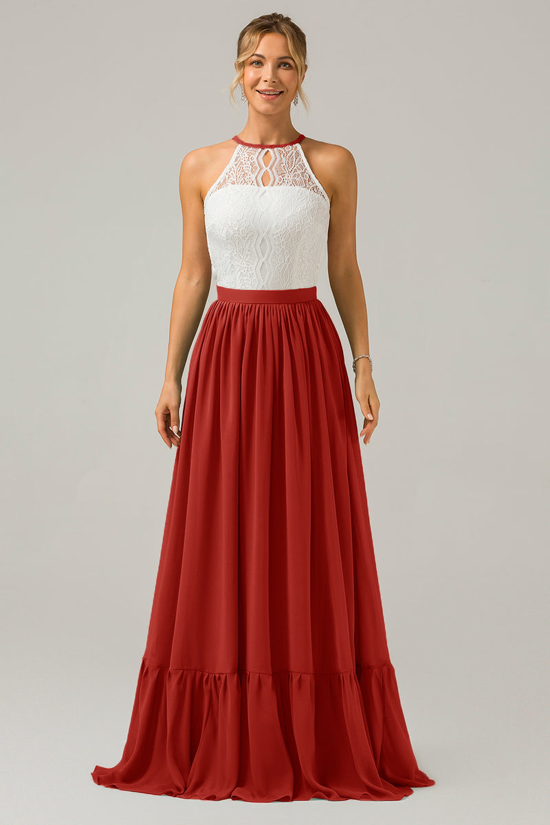 Load image into Gallery viewer, Halter Rust Chiffon Keyhole Boho Long Bridesmaid Dress with Lace