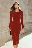 Plus Size Dark Green Sheath Velvet Ruched Midi Work Dress with Long Sleeve
