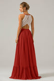 Halter Rust Chiffon Keyhole Boho Long Bridesmaid Dress with Lace