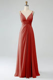 A-Line Rust Spaghetti Straps Pleated Chiffon Long Bridesmaid Dress