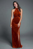 Halter Burgundy Velvet Sheath Ruched Formal Dress with Slit