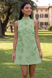 Hot Pink High Neck A-Line Short Formal Dress with 3D Flowers